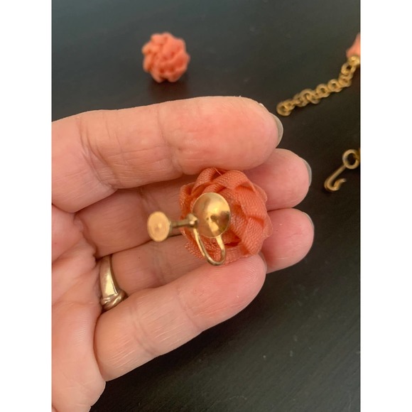 Coral Ribbon Braid Necklace Earrings Set - Picture 4 of 10